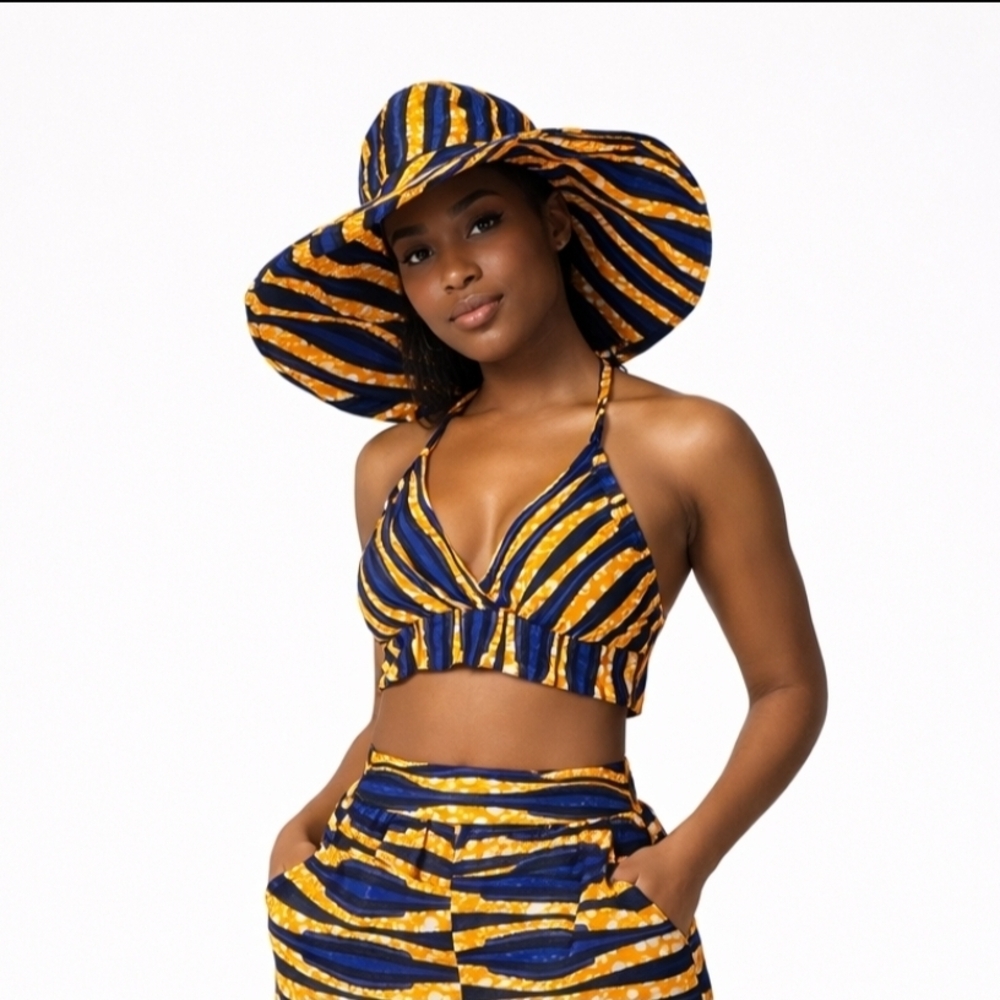 Striped Blue & Yellow Halter Crop Top and Wide-Brim Hat Set
